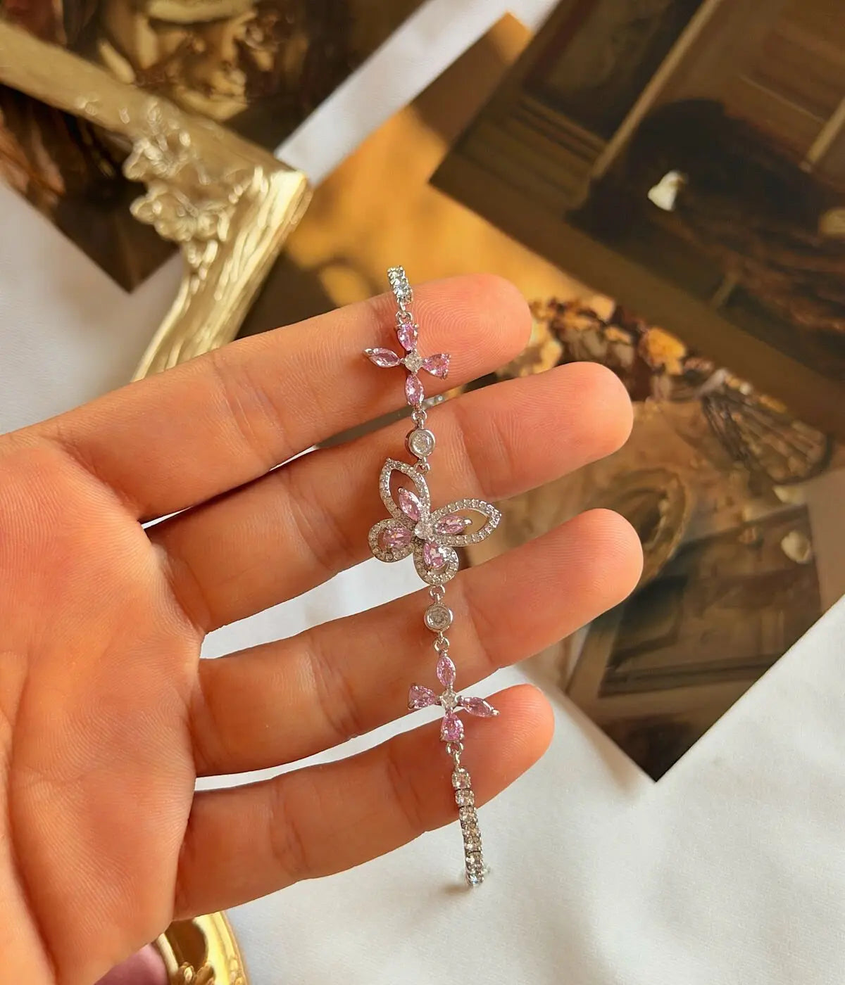 Pembe Taşlı Vintage Kelebek Bileklik