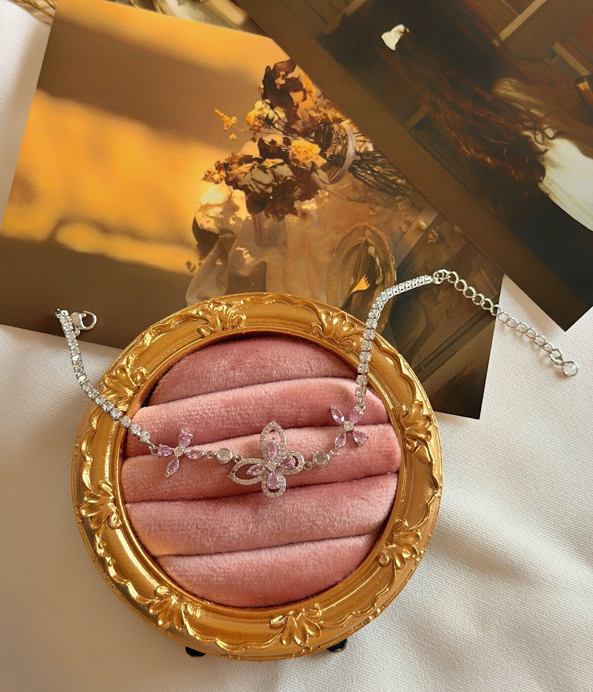 Pembe Taşlı Vintage Kelebek Bileklik