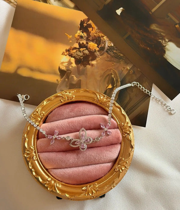 Pembe Taşlı Vintage Kelebek Bileklik