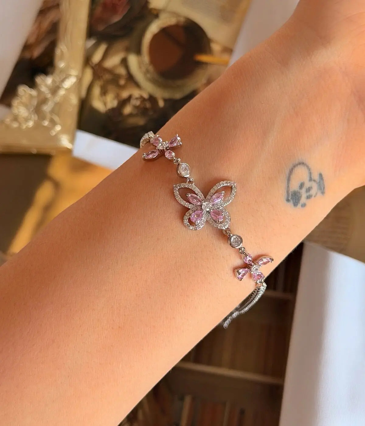 Pembe Taşlı Vintage Kelebek Bileklik