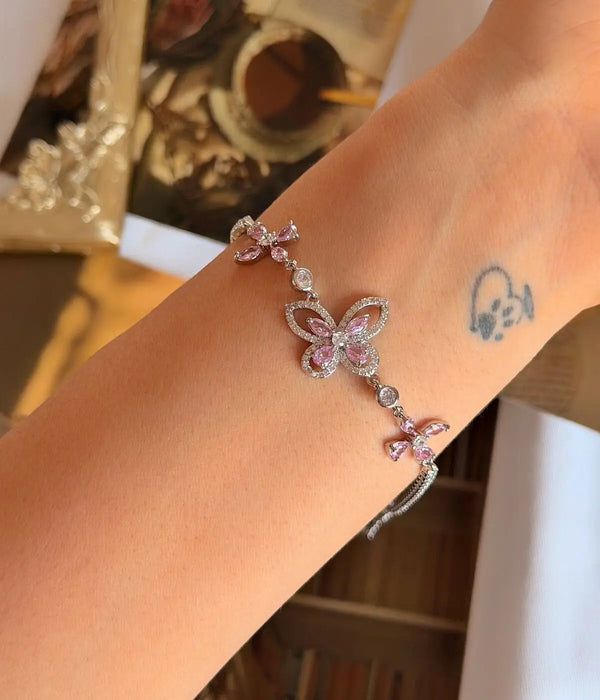 Pembe Taşlı Vintage Kelebek Bileklik