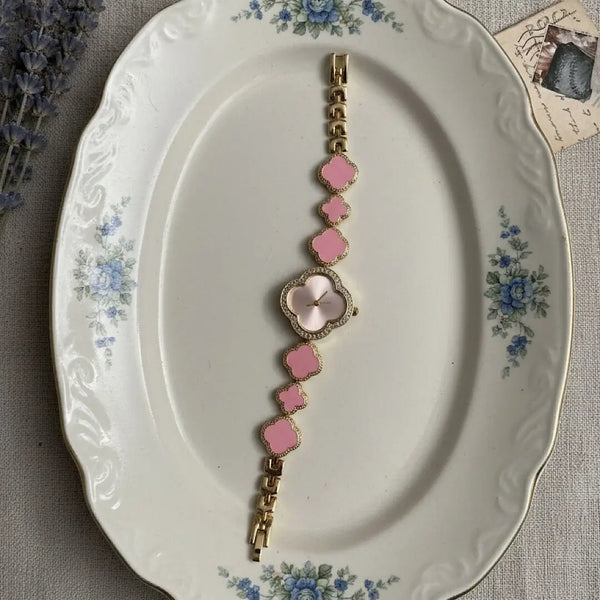 Pembe Yonca Model Taşlı Tasarım Saat Vintage Aksesuar