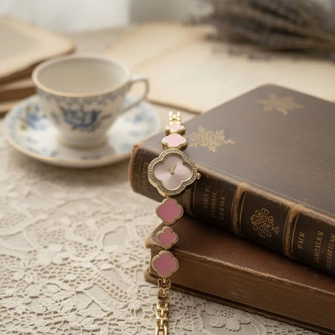 Pembe Yonca Model Taşlı Tasarım Saat Vintage Aksesuar