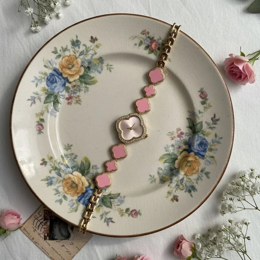 Pembe Yonca Model Taşlı Tasarım Saat Vintage Aksesuar