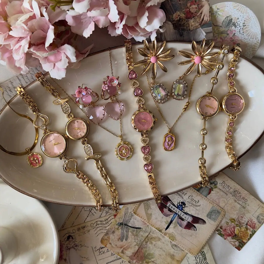 Pink Fairy Küpe Kolye Saat Set Vintage Aksesuar