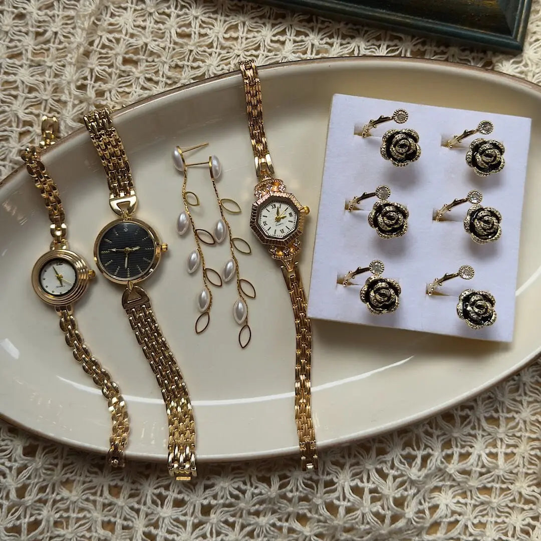 Siyah Gül İnci ve Saat Set Vintage Aksesuar