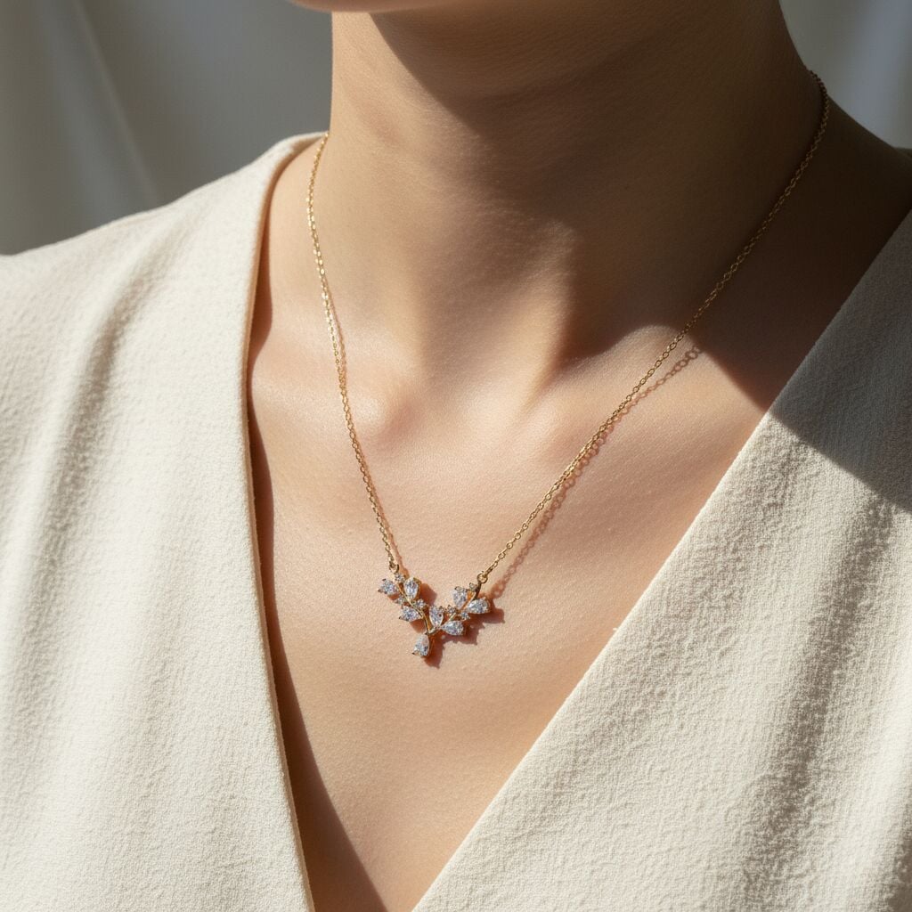 Taşlı Yaprak Tasarım Gold Çelik Kolye