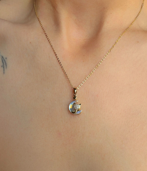 Vintage Ay ve Kedi Motifli Opal Taşlı Zarif Kadın Kolye