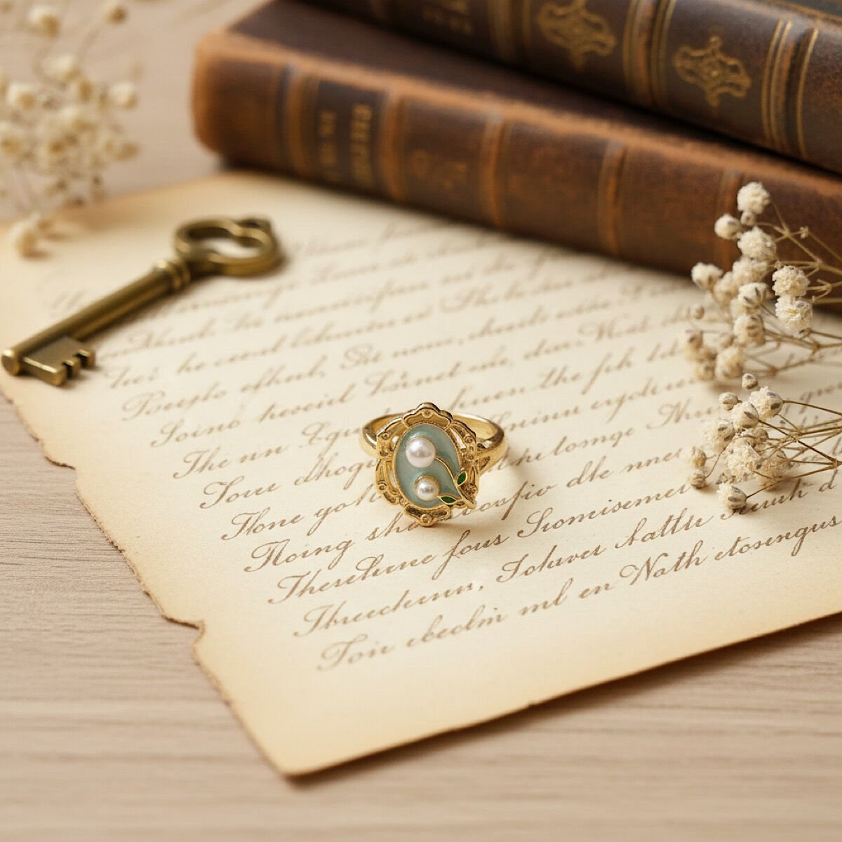 Vintage Çerçeve Tasarım İnci Detaylı Yüzük