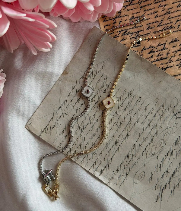 Vintage Kare Tasarım Kırmızı Taşlı İnce Minimal Bileklik