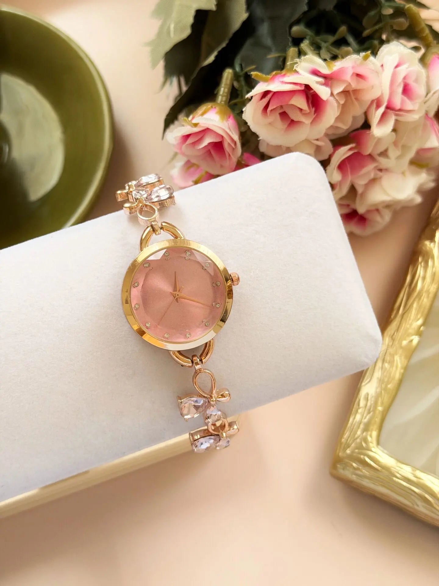 Vintage Rose Gold Taşlı Pembe Kadran Saat