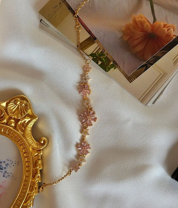 Vintage Sakura Çiçeği Tasarımlı Pembe Taşlı Kadın Bileklik