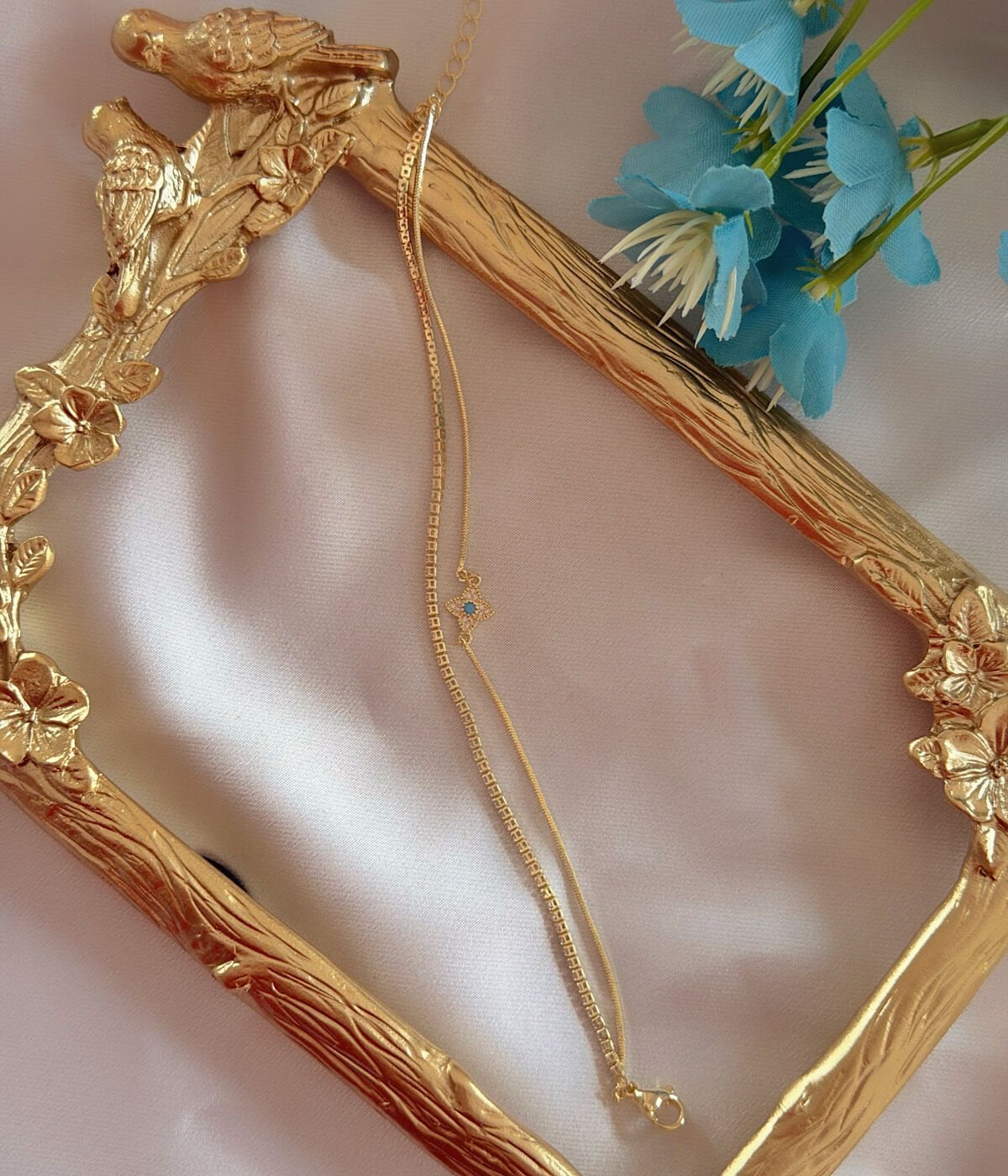 Vintage Turkuaz Taşlı Çiçek Motifli Zirkon Kadın Bileklik