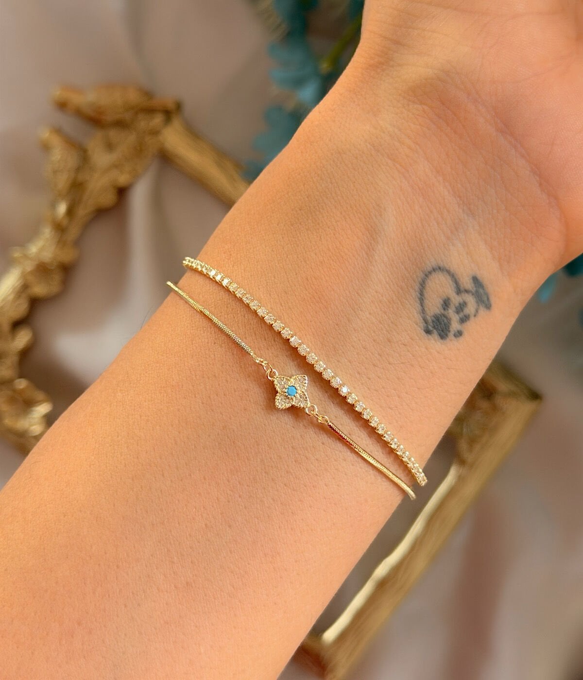 Vintage Turkuaz Taşlı Çiçek Motifli Zirkon Kadın Bileklik