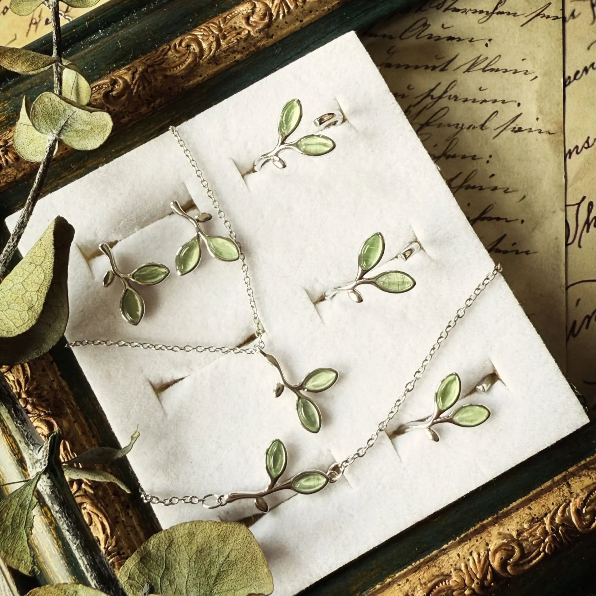 Yeşil Yaprak Gümüş Set Vintage Aksesuar