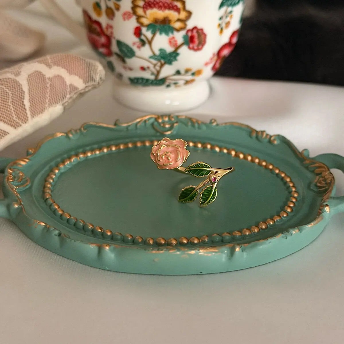 Yeşil Yapraklı Vintage Gül Yüzük Vintage Aksesuar