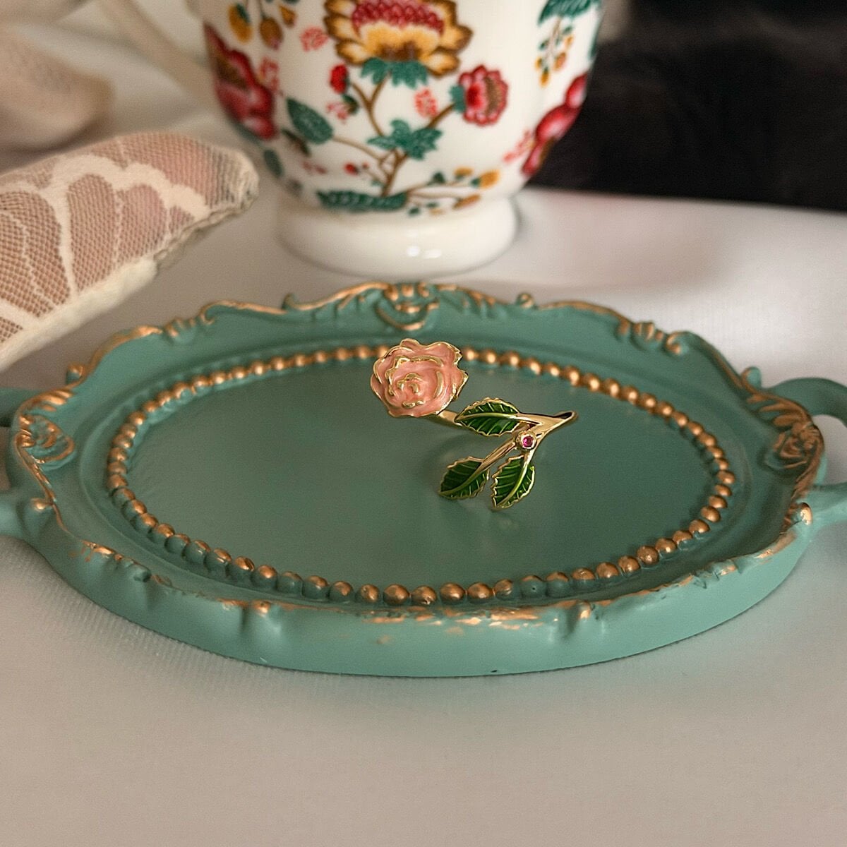 Yeşil Yapraklı Vintage Gül Yüzük