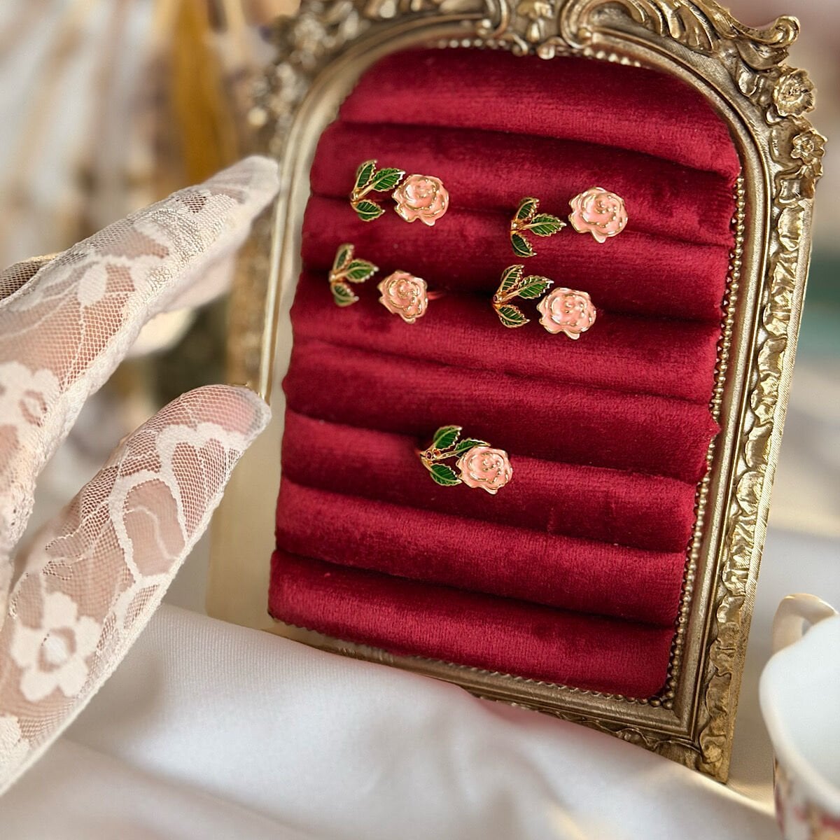 Yeşil Yapraklı Vintage Gül Yüzük